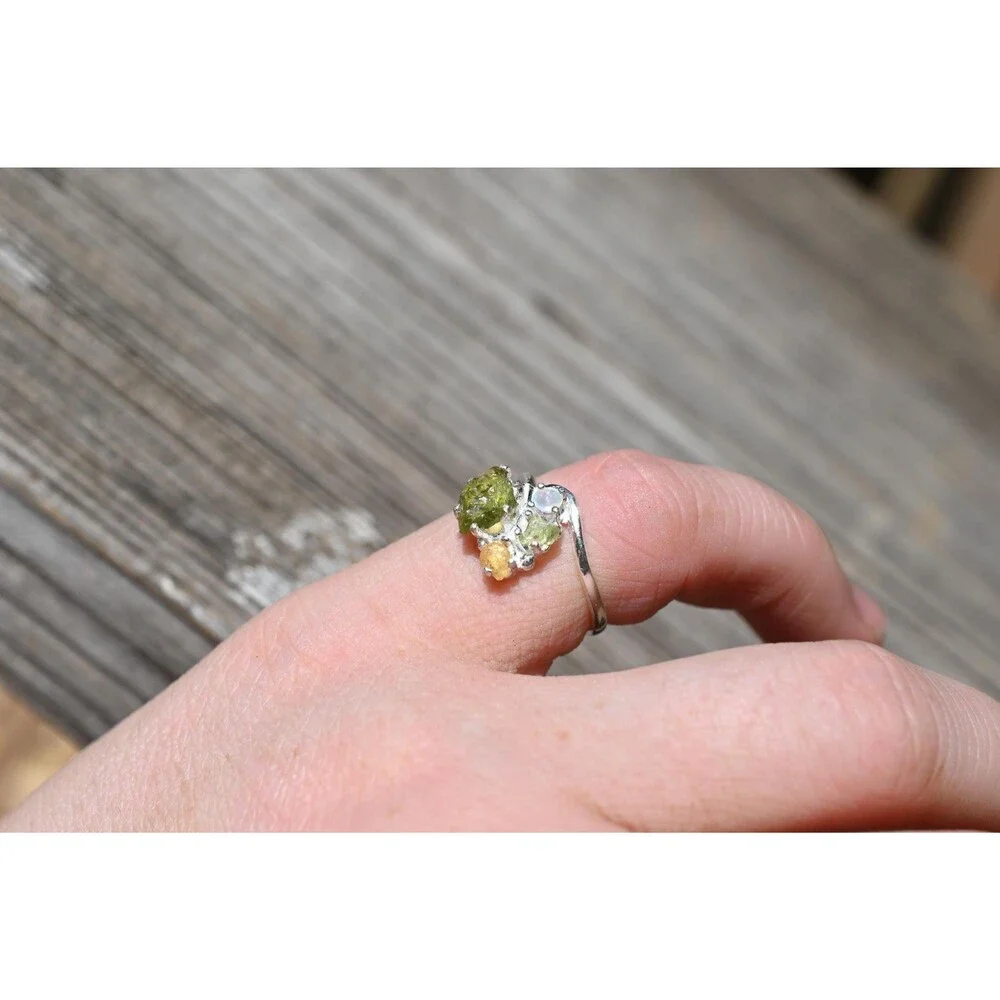 Engagement ring Peridot, Opal & Yellow Montana Sapphire Ring in Sterling Silver